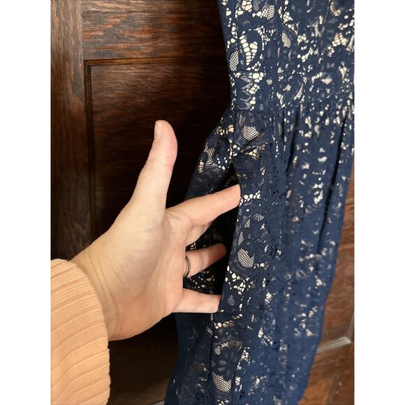 NWT Eliza J Navy Blue Floral Lace Nude Lined Off Shoulder Dress Sz 10 Fit Flare - Picture 3 of 10